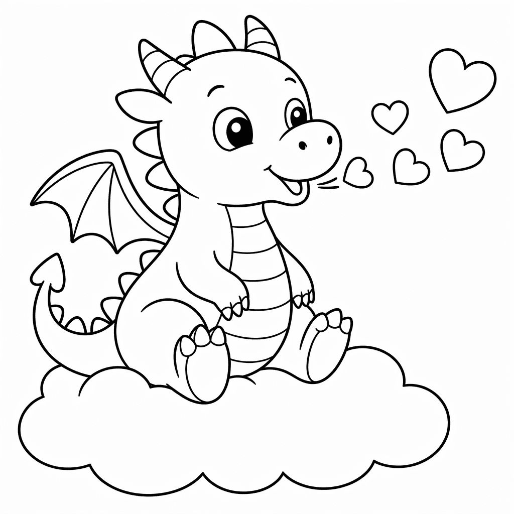 Kolorowanka dla dzieci - uroczy smok na chmurce dmuchający serduszka