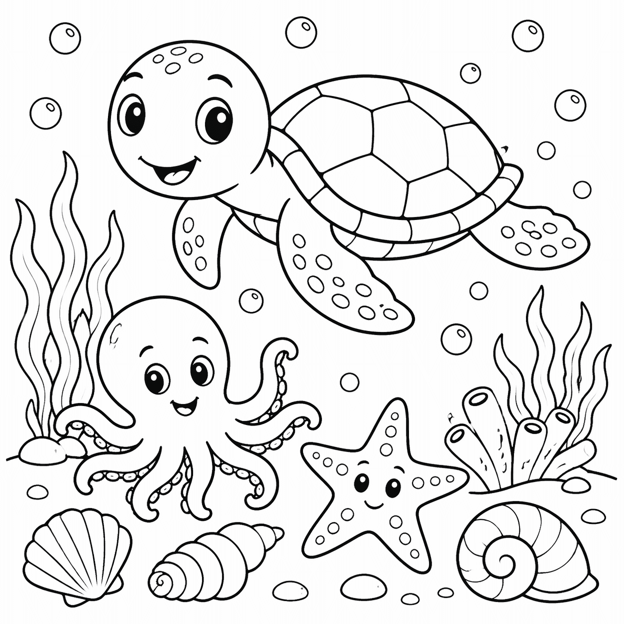 Kolorowanka dla dzieci - podwodny świat z żółwiem, ośmiornicą i rozgwiazdą