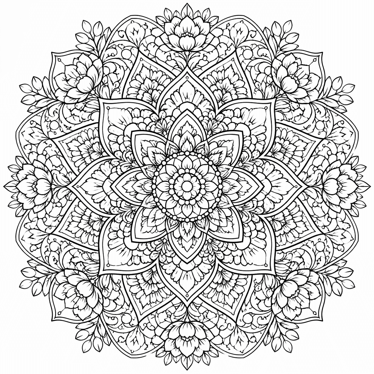 Kolorowanka dla dorosłych - szczegółowa mandala z motywami kwiatowymi