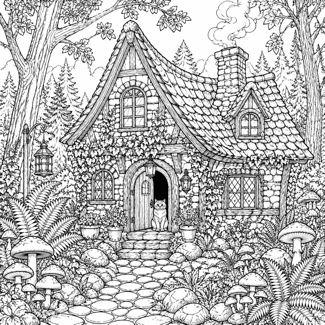Kolorowanka dla dorosłych - leśny domek z grzybami, bluszczem i kotem w drzwiach
