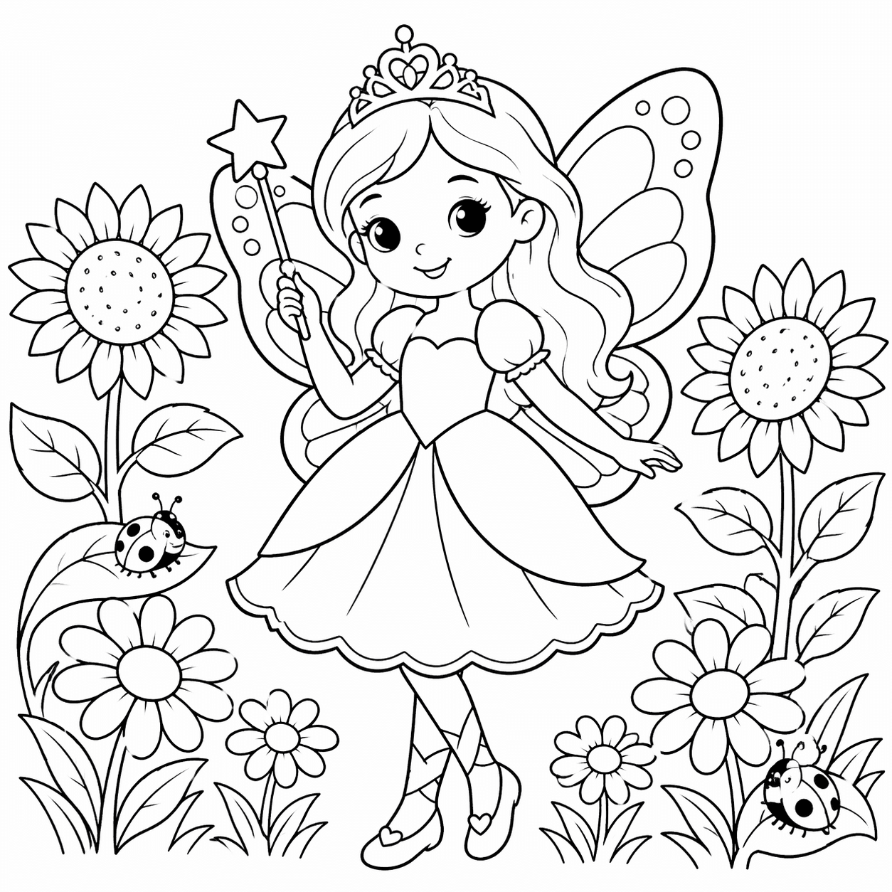 Kolorowanka dla dzieci - wróżka z motylimi skrzydłami w ogrodzie kwiatów