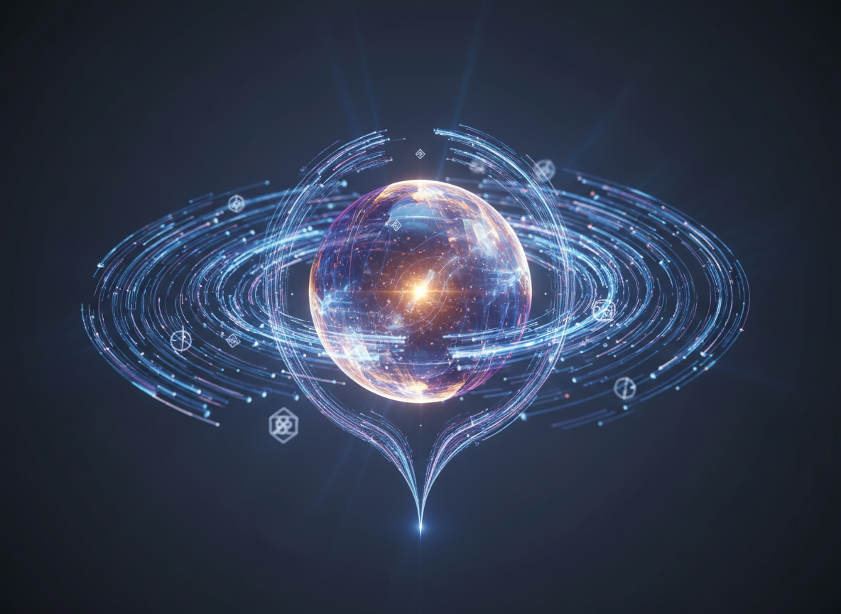 Abstrakcyjna, świetlista kula generująca strumienie danych, symbolizująca proces tworzenia precyzyjnego claude prompt generator.