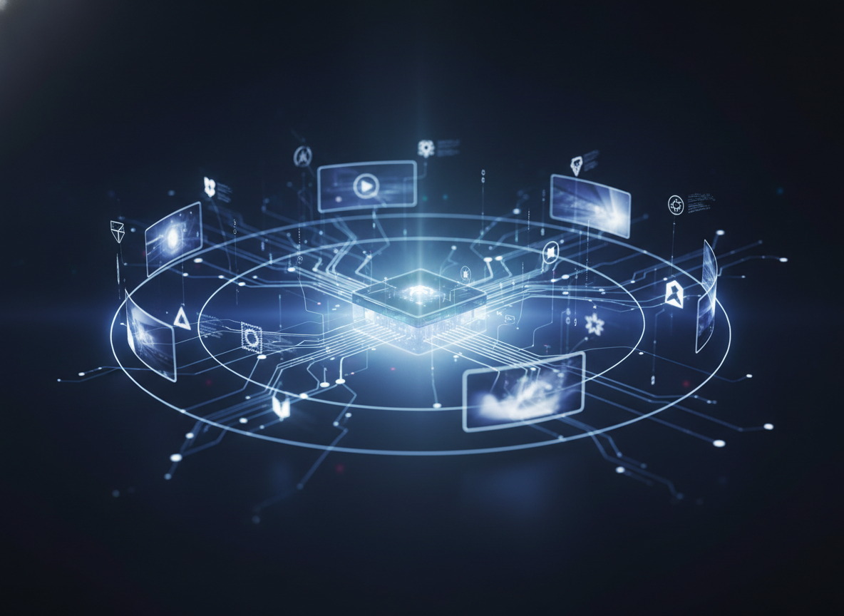 Abstrakcyjny obraz: sztuczna inteligencja online tworzy profesjonalne grafiki i multimedia na cyfrowym płótnie.