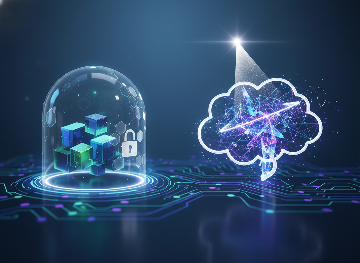 Grafika koncepcyjna symbolizująca ochronę danych i precyzyjne prompty w ekosystemie sztucznej inteligencji online.