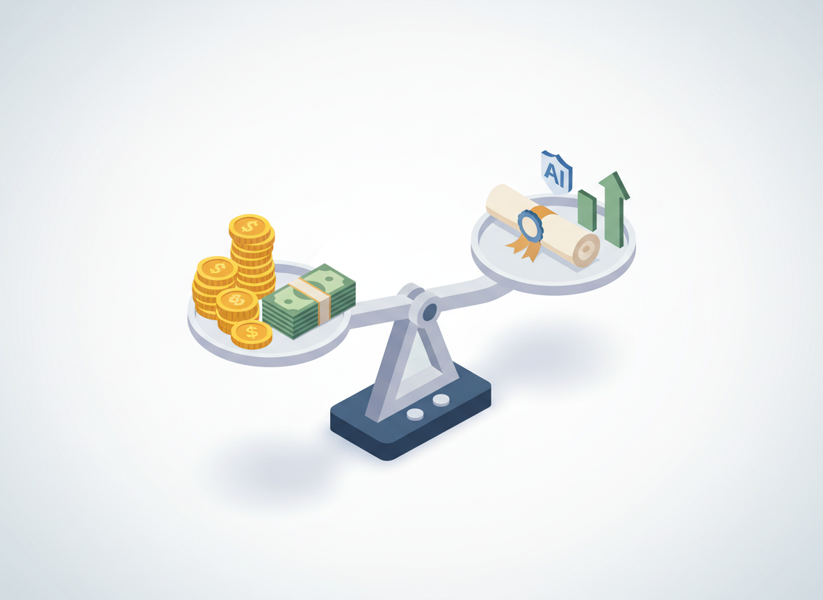 Grafika przedstawiająca ocenę kosztów, wartości i certyfikacji dla kursu AI, z elementami finansowania.