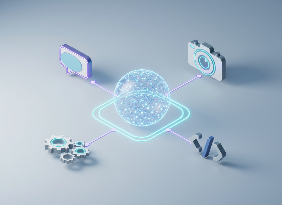 Ilustracja przedstawiająca połączone narzędzia i technologie AI, omawiane na nowoczesnym kursie AI.