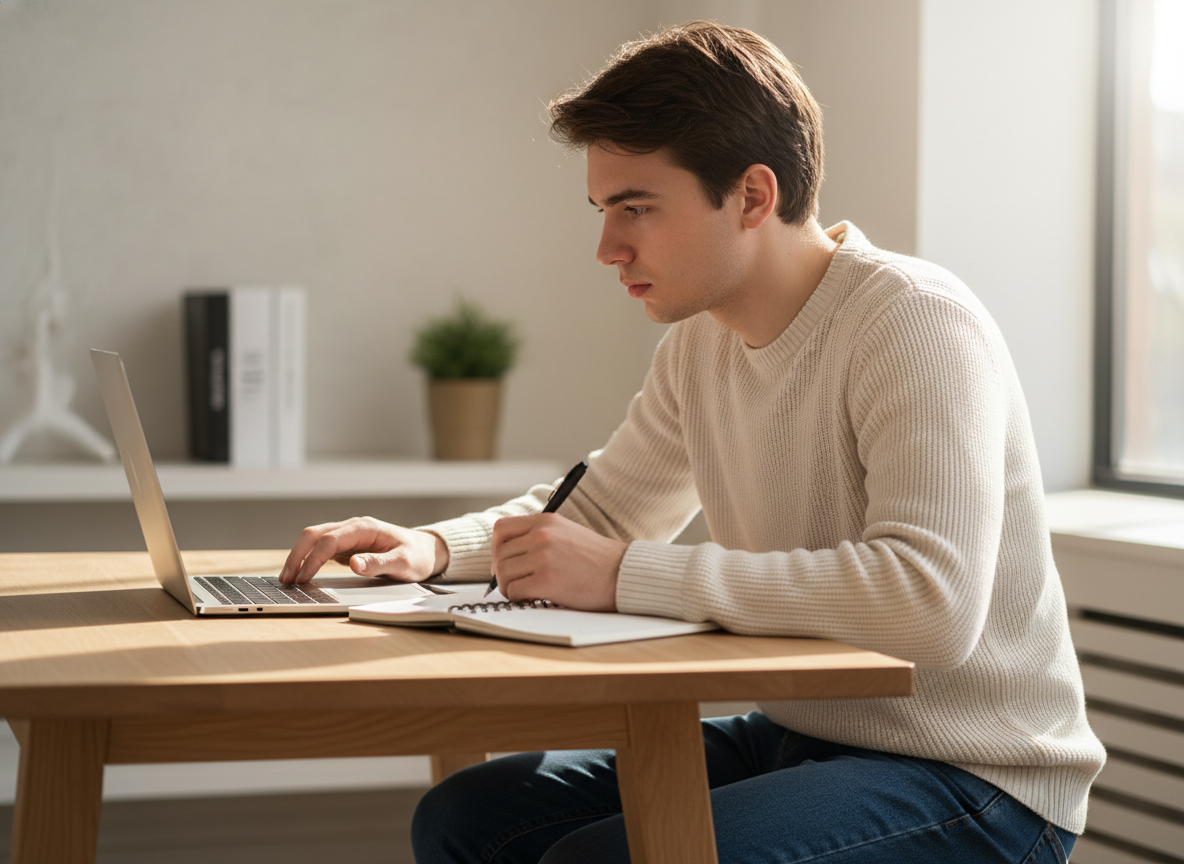 Młoda osoba intensywnie pracuje na laptopie, korzystając z darmowych narzędzi AI do badań.
