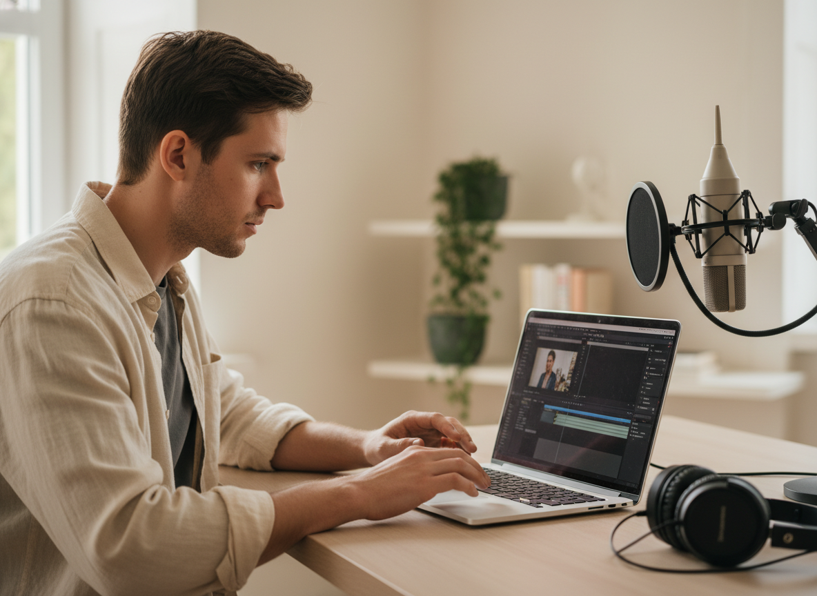 Młody twórca wideo intensywnie pracuje na laptopie, wykorzystując darmowe narzędzia AI do edycji.