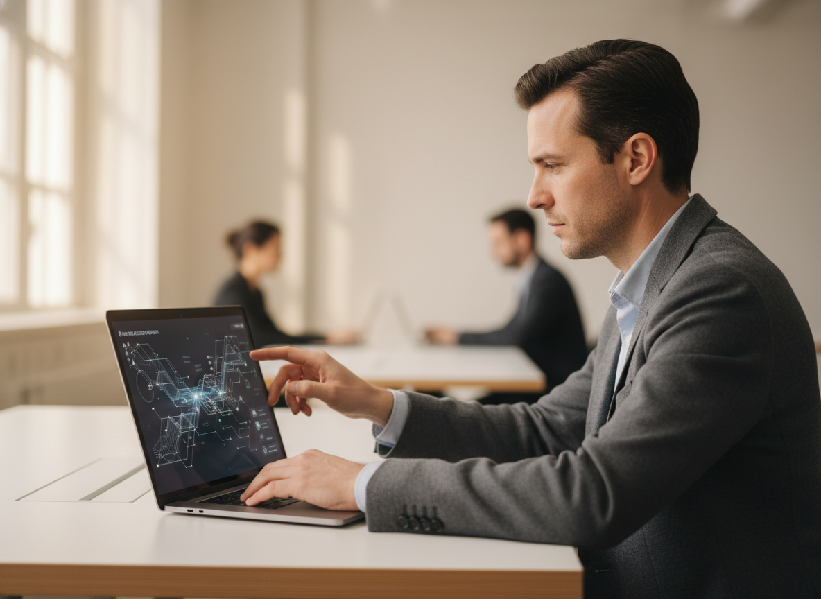 Profesjonalista skupiony na laptopie w nowoczesnym biurze, korzystający z najlepsze aplikacje AI.