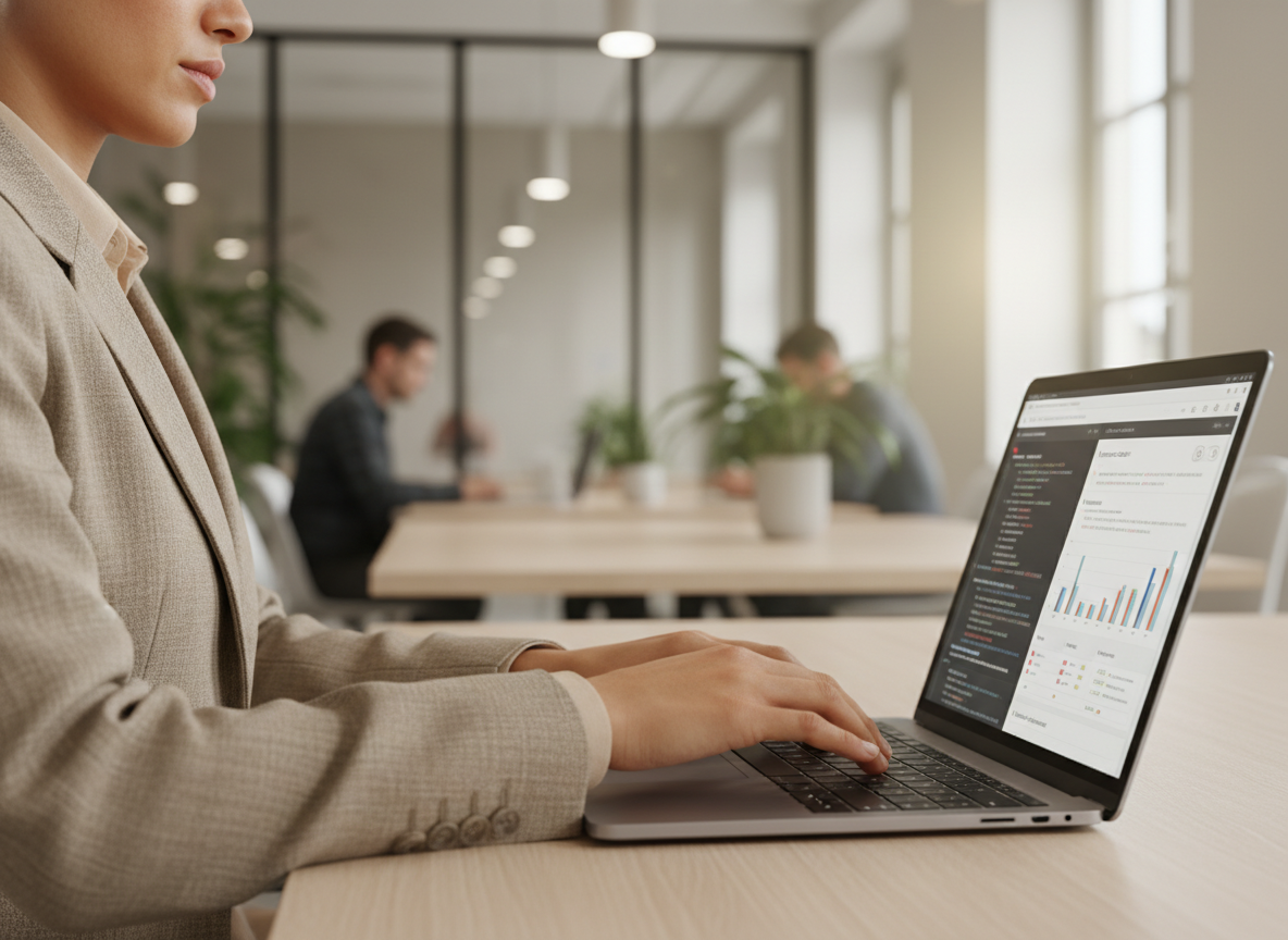 Profesjonalista skupiony na pracy z laptopem w nowoczesnym biurze, symbolizujący efektywność najlepszych aplikacji AI.