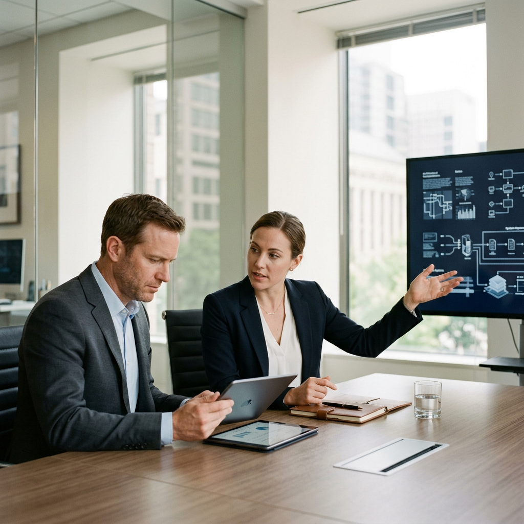 Dwoje profesjonalistów analizuje złożone dane na monitorze w biurze, dyskutując o zastosowaniach AI.