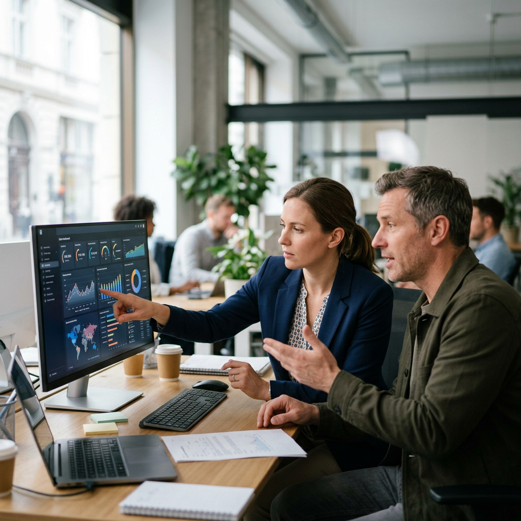 Dwoje profesjonalistów w jasnym biurze, strategicznie weryfikujących dane z systemów AI w biznesie.