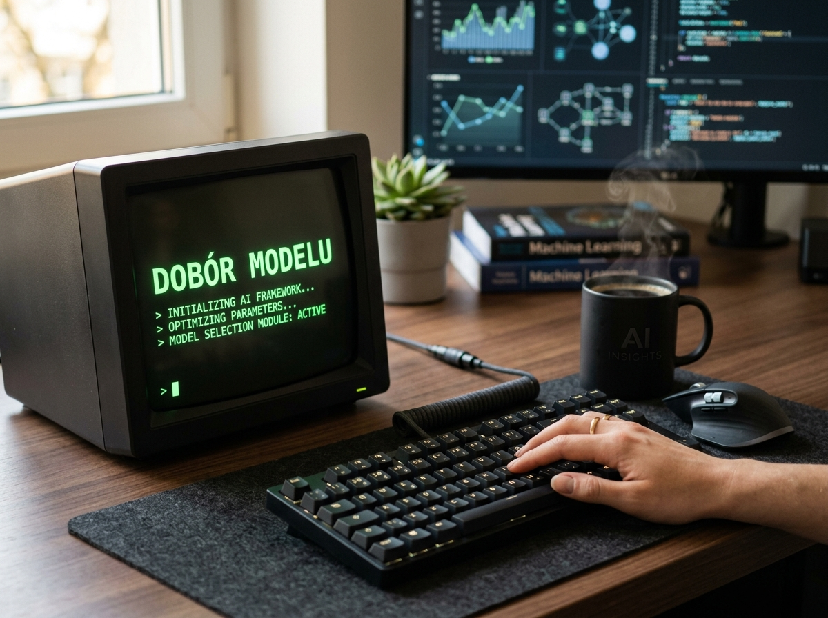 Ekran terminala z napisem 'DOBÓR MODELU' na biurku, symbolizujący wybór odpowiednich modele AI.