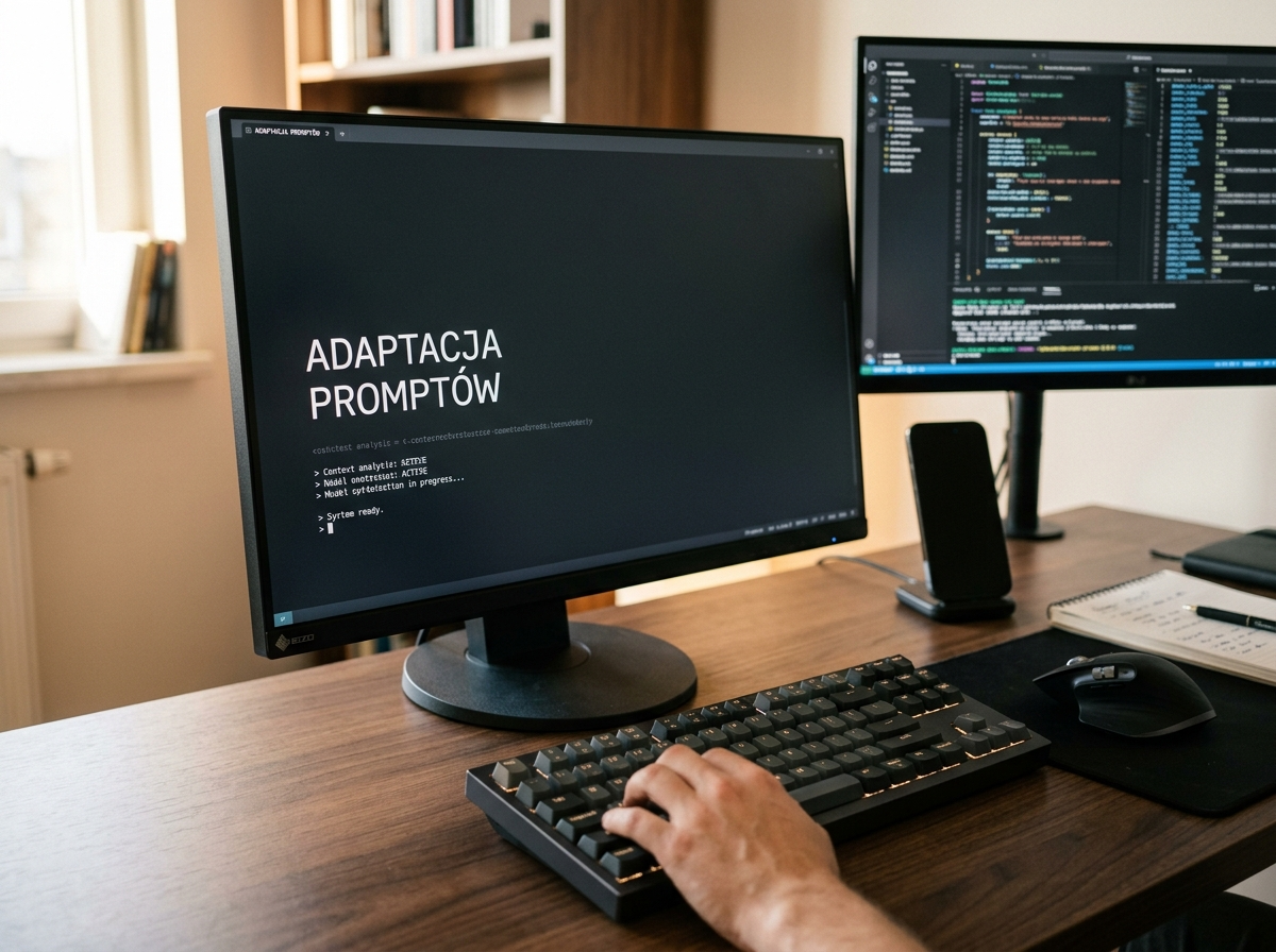 Elegancki monitor wyświetla 'ADAPTACJA PROMPTÓW', ukazując, jak zoptymalizować prompt co to jest dla AI. Widoczne dłonie i klawiatura.