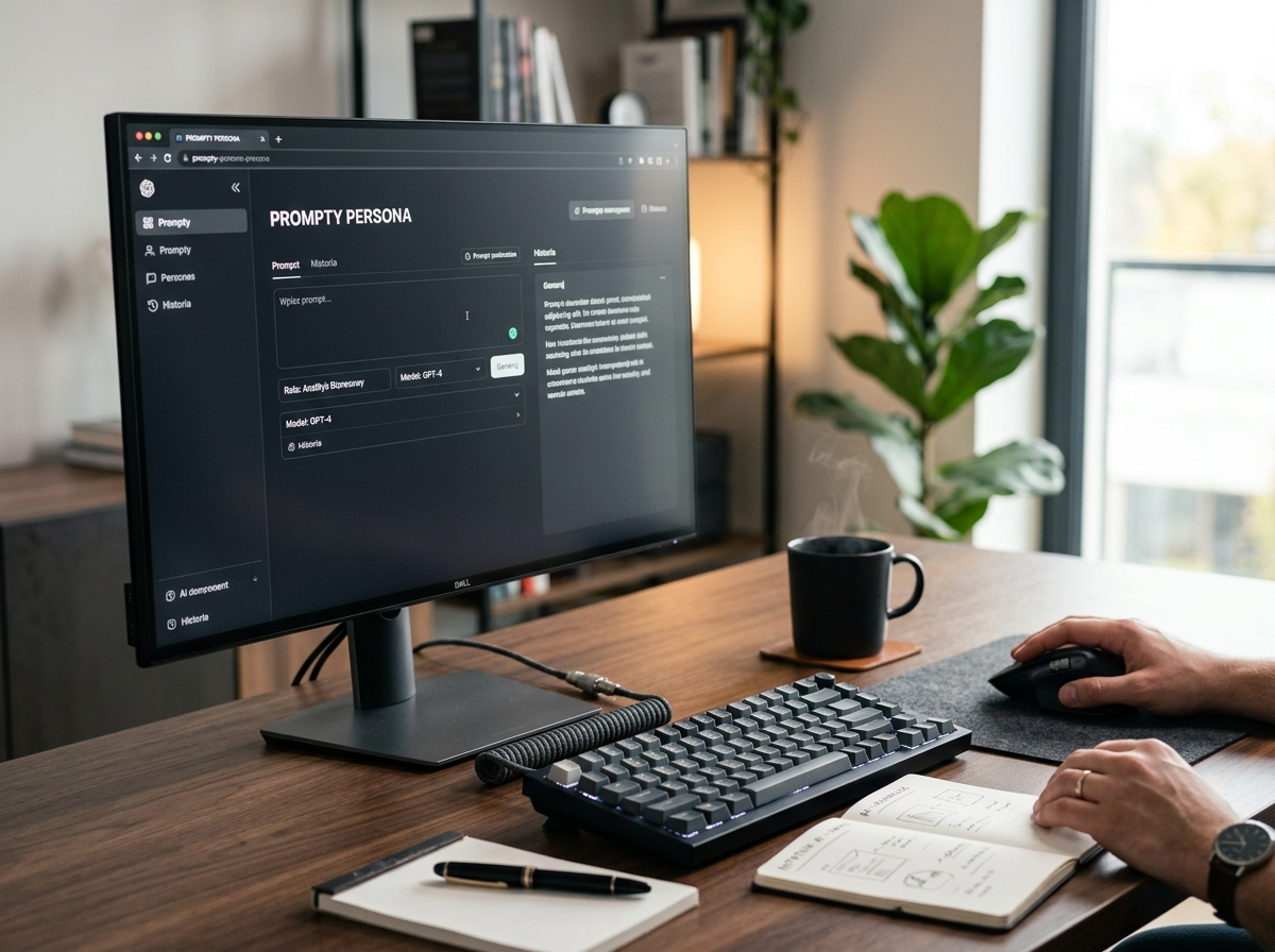 Eleganckie biurko z monitorem wyświetlającym 'PROMPTY PERSONA' i klawiaturą, symbolizujące zaawansowane chatgpt prompts dla biznesu.