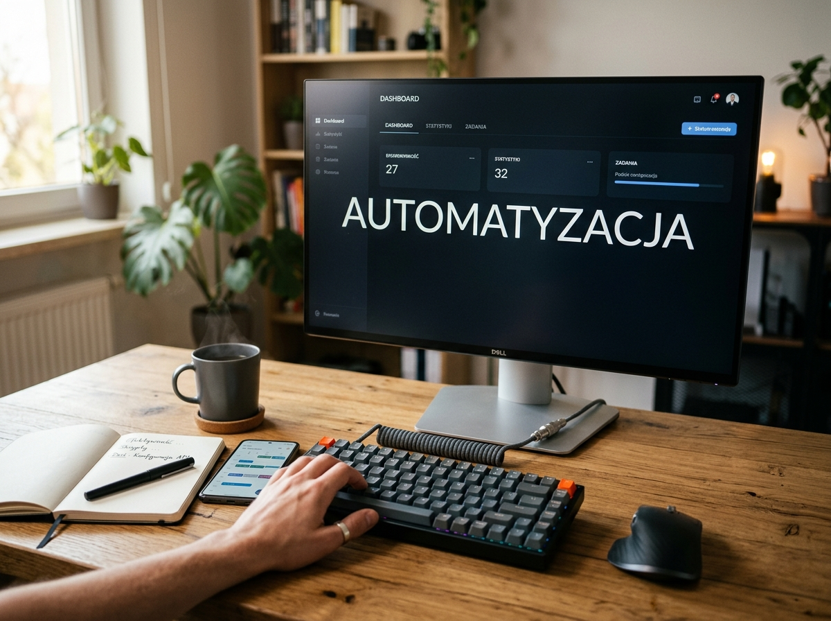 Minimalistyczne biurko z monitorem wyświetlającym 'AUTOMATYZACJA' i klawiaturą, symbolizujące efektywne use ai.