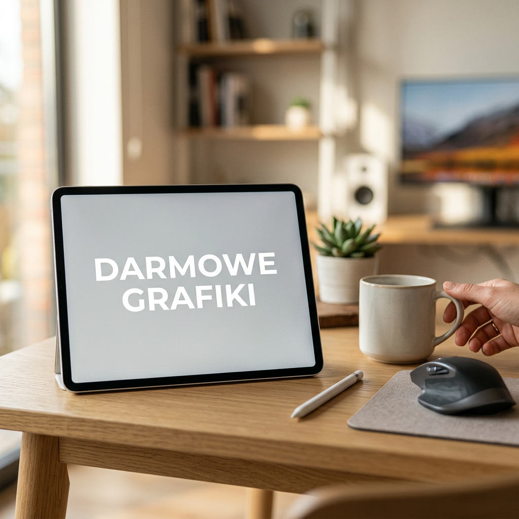 Minimalistyczne biurko z tabletem wyświetlającym 'DARMOWE GRAFIKI', myszką, stylusem i kawą, symbolizujące darmowe aplikacje AI.