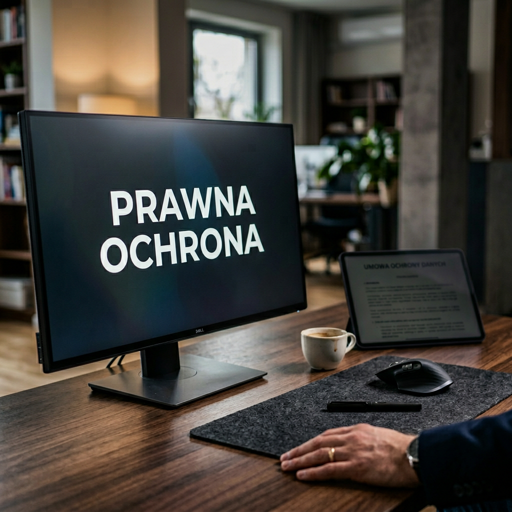 Monitor wyświetlający 'PRAWNA OCHRONA' na eleganckim biurku z tabletem i myszką, symbolizujący bezpieczne prompty do chatgpt zdjęcia.