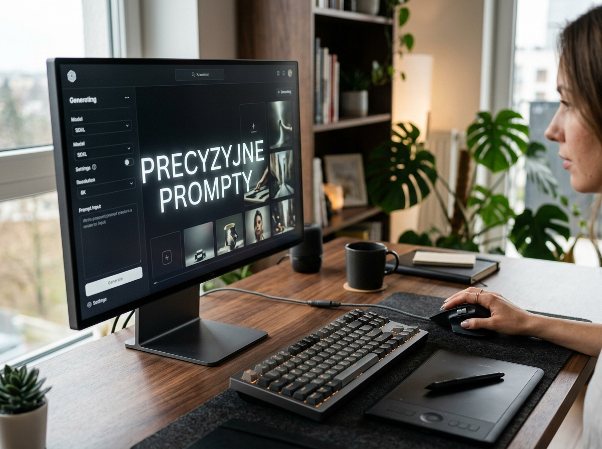 Monitor wyświetlający 'PRECYZYJNE PROMPTY' na biurku z klawiaturą i myszką, symbolizujący optymalizację sztucznej inteligencji obraz.