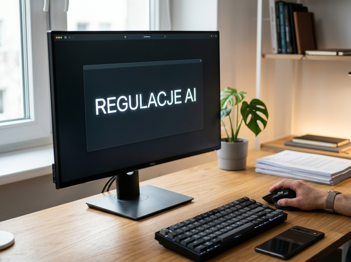Monitor wyświetlający 'REGULACJE AI' na biurku z klawiaturą, symbolizujący bezpieczeństwo zastosowań sztucznej inteligencji.