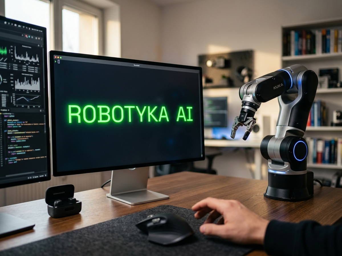 Monitor wyświetlający 'ROBOTYKA AI' na tle futurystycznego stanowiska pracy z elementami robotyki i kodem, symbolizujący sztuczną inteligencję ai.