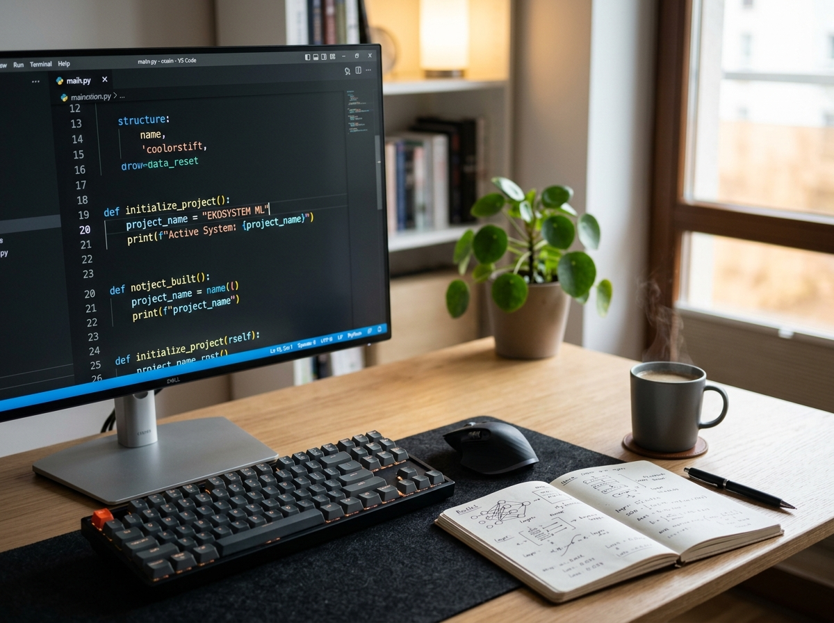 Monitor z kodem 'EKOSYSTEM ML' na biurku programisty, symbolizujący rozwój model ai.