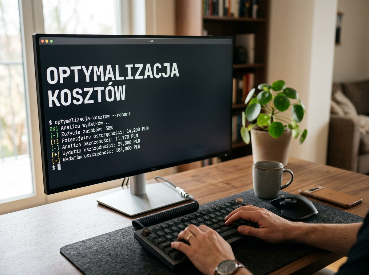 Nowoczesne biurko programisty AI z monitorem wyświetlającym 'OPTYMALIZACJA KOSZTÓW', symbolizujące efektywność ai gpt.