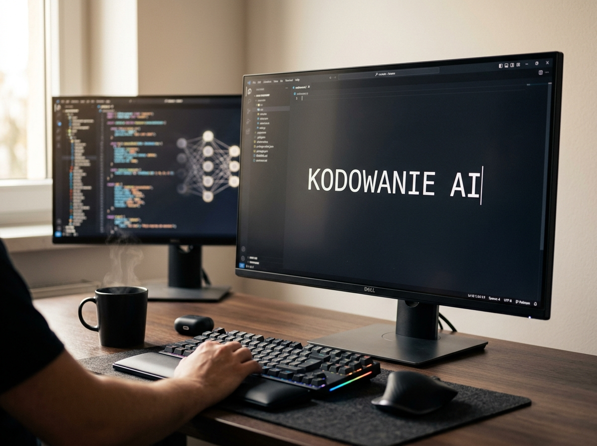 Nowoczesne biurko programisty z monitorem wyświetlającym 'KODOWANIE AI'. Idealne do szybkich sztuczna inteligencja aplikacje.