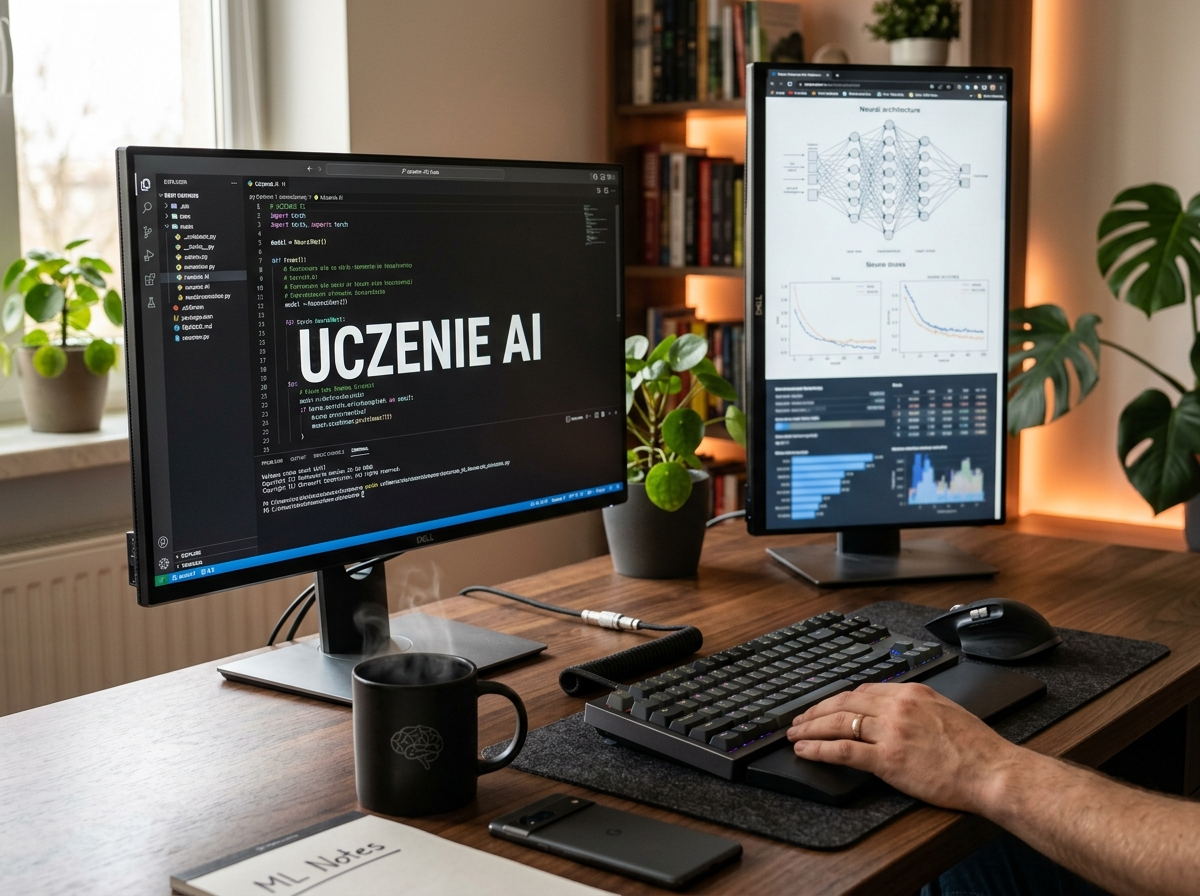 Nowoczesne biurko programisty z monitorem wyświetlającym 'UCZENIE AI', symbolizujące rozwój sieci neuronowych.