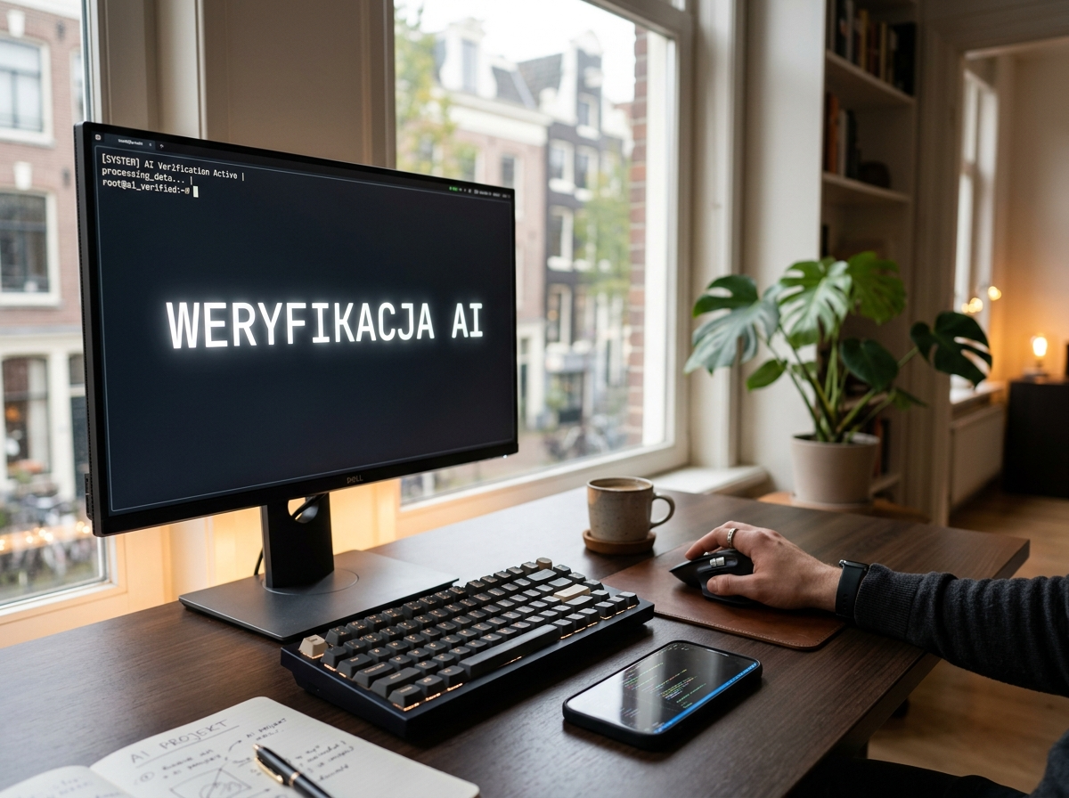 Nowoczesne biurko programisty z monitorem wyświetlającym 'WERYFIKACJA AI', symbolizujące kontrolę nad sztuczną inteligencją i nauką.