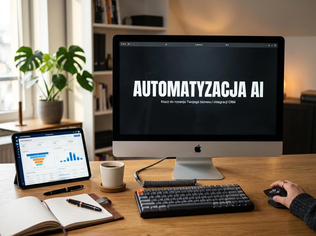 Nowoczesne biurko z monitorem 'AUTOMATYZACJA AI', klawiaturą i tabletem. Wizualizacja integracji aplikacji AI w biznesie.