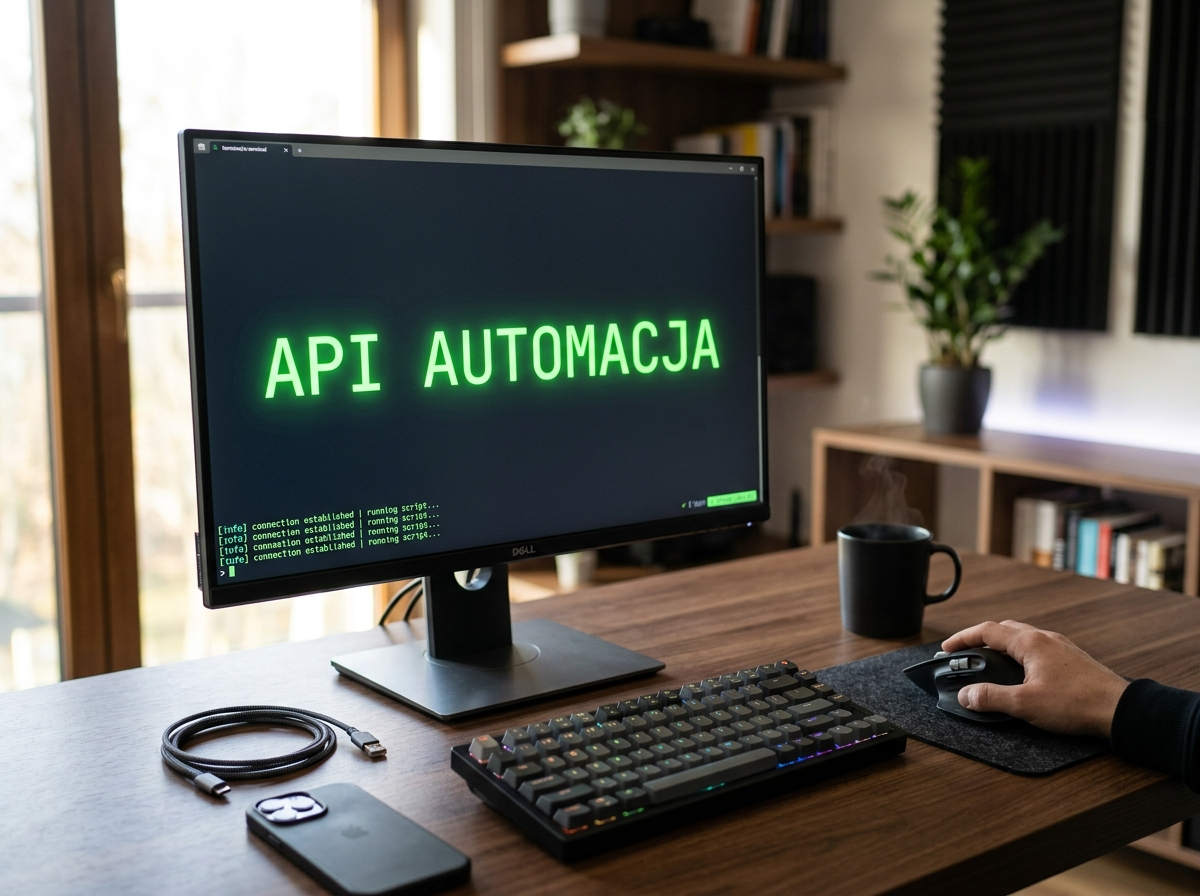 Nowoczesne biurko z monitorem wyświetlającym 'API AUTOMACJA' i klawiaturą, symbolizujące skalowanie sztucznej inteligencji czat.