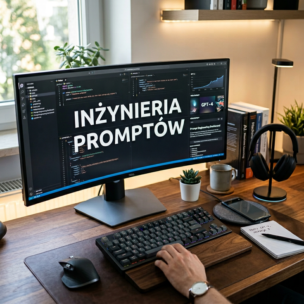 Nowoczesne biurko z monitorem wyświetlającym 'INŻYNIERIA PROMPTÓW', podkreślające optymalizację ai do generowania obrazów.