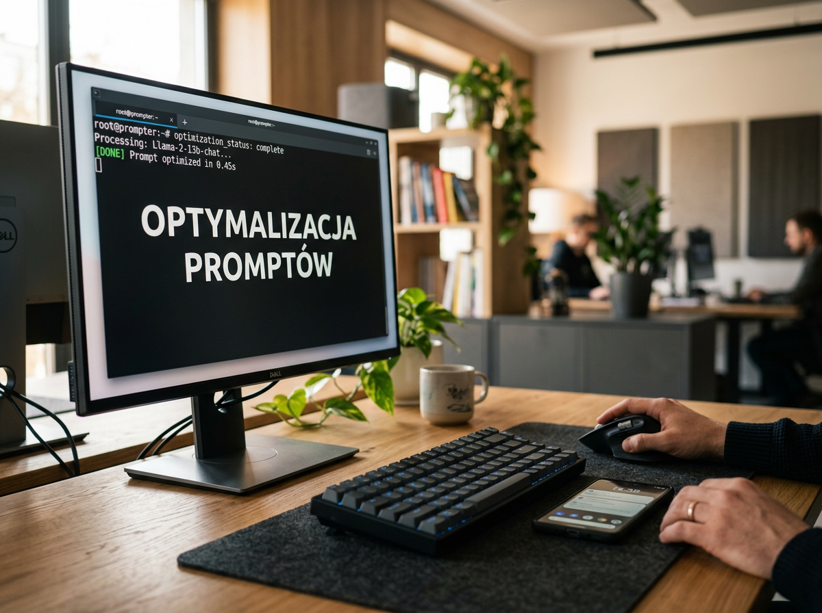 Nowoczesne biurko z monitorem wyświetlającym 'OPTYMALIZACJA PROMPTÓW' oraz klawiaturą mechaniczną. Dłoń obsługująca mysz.