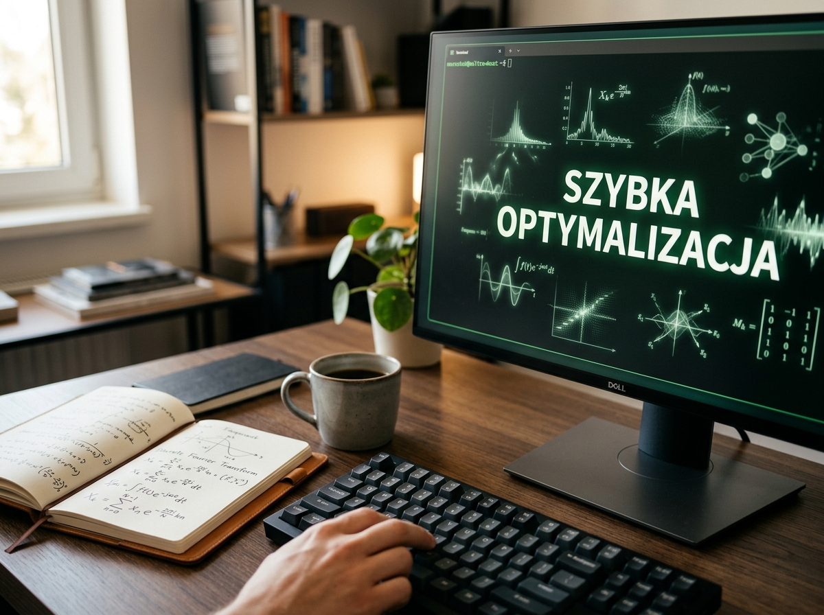Nowoczesne biurko z monitorem wyświetlającym 'SZYBKA OPTYMALIZACJA', klawiaturą i notatnikiem z algorytmami matematycznymi.