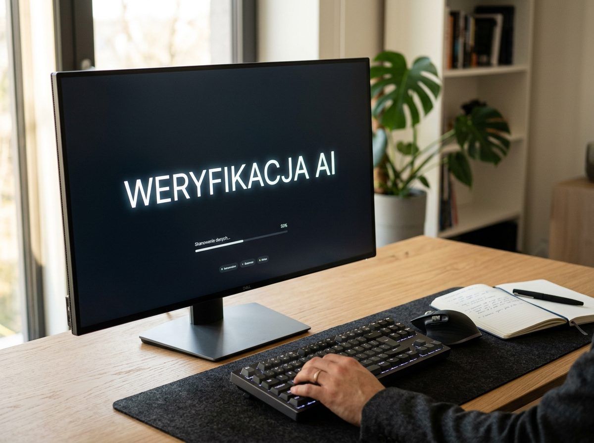 Nowoczesny monitor wyświetla 'WERYFIKACJA AI' na minimalistycznym biurku z klawiaturą, podkreślając bezpieczeństwo chat gpt ai.
