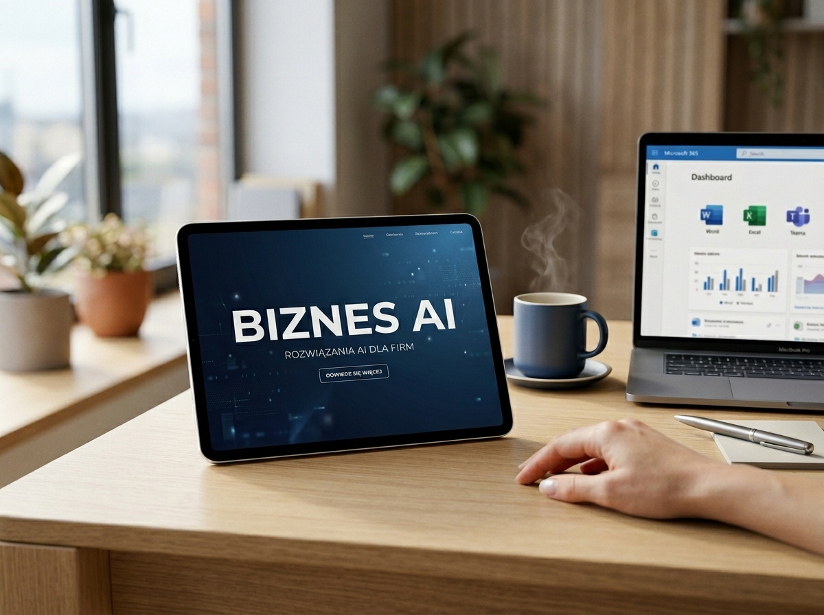 Nowoczesny tablet wyświetlający hasło 'BIZNES AI' na eleganckim biurku, symbolizujący innowacyjne sztuczna inteligencja aplikacje w biznesie.