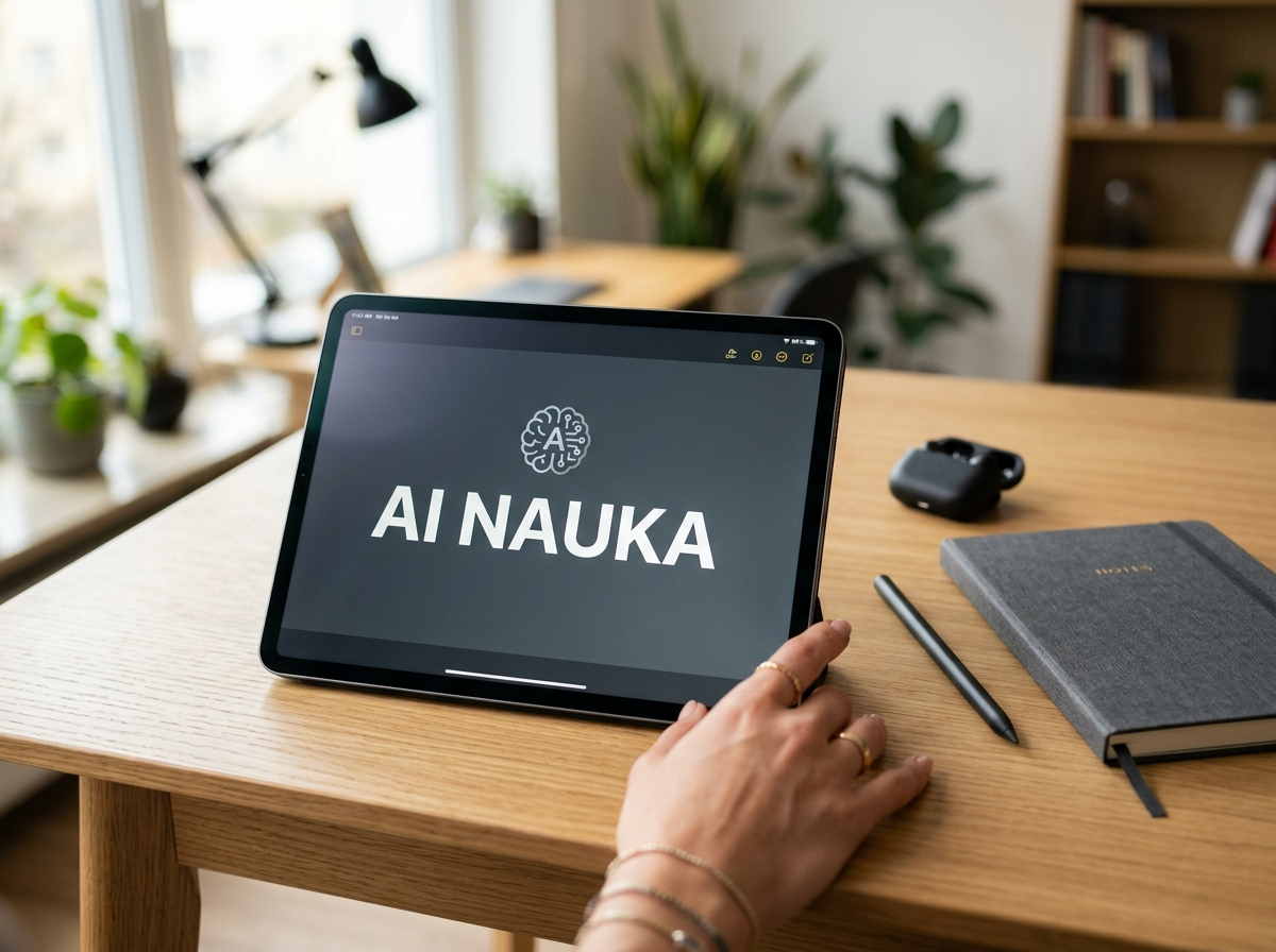 Nowoczesny tablet z napisem 'AI NAUKA', dłoń użytkownika. Obraz symbolizuje spersonalizowaną sztuczną inteligencję w nauce.