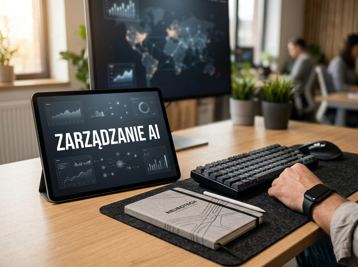 Nowoczesny tablet z napisem 'ZARZĄDZANIE AI' na biurku, symbolizujący etykę i bezpieczeństwo rozwoju modelu AI.