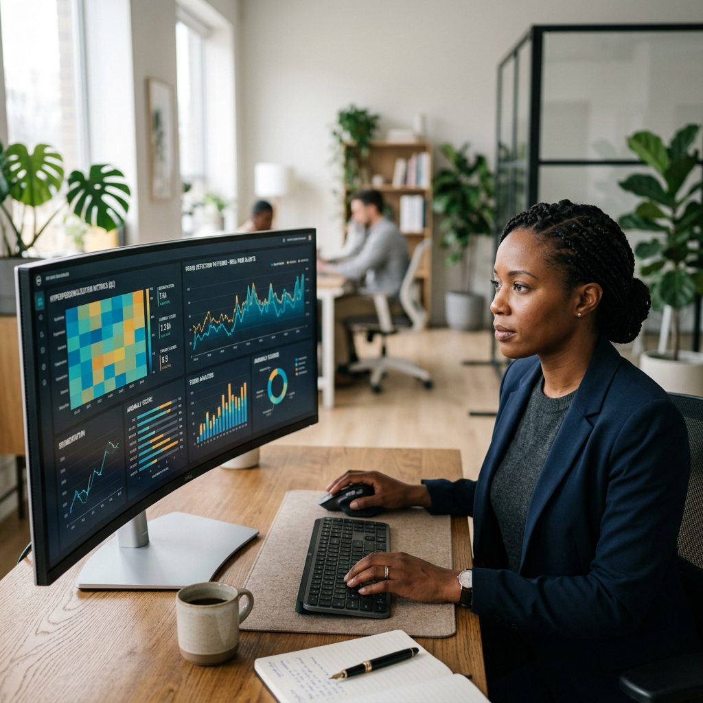 Profesjonalista analizujący dane z wizualizacjami AI na dużym monitorze w kontekście ai w biznesie.