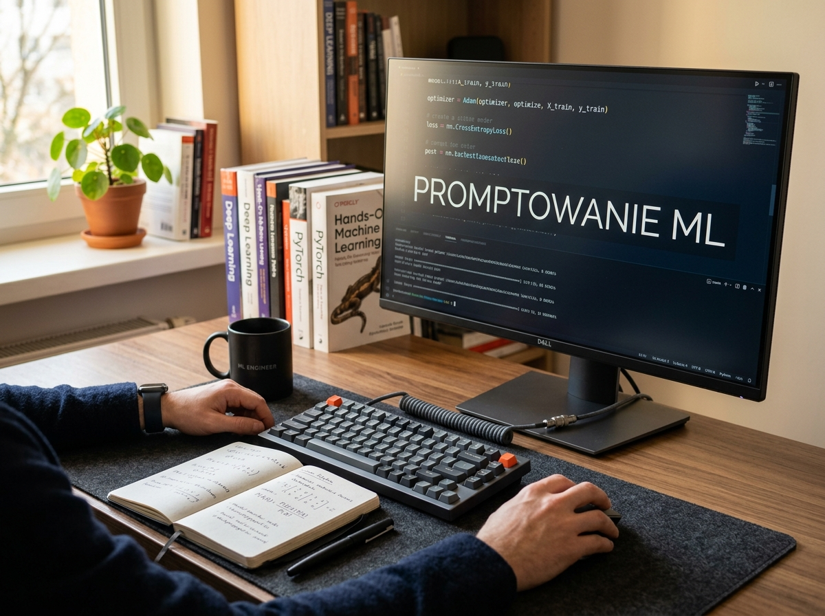 Profesjonalne biurko inżyniera, gdzie monitor wyświetla 'PROMPTOWANIE ML', ukazując istotę uczenie maszynowe co to.