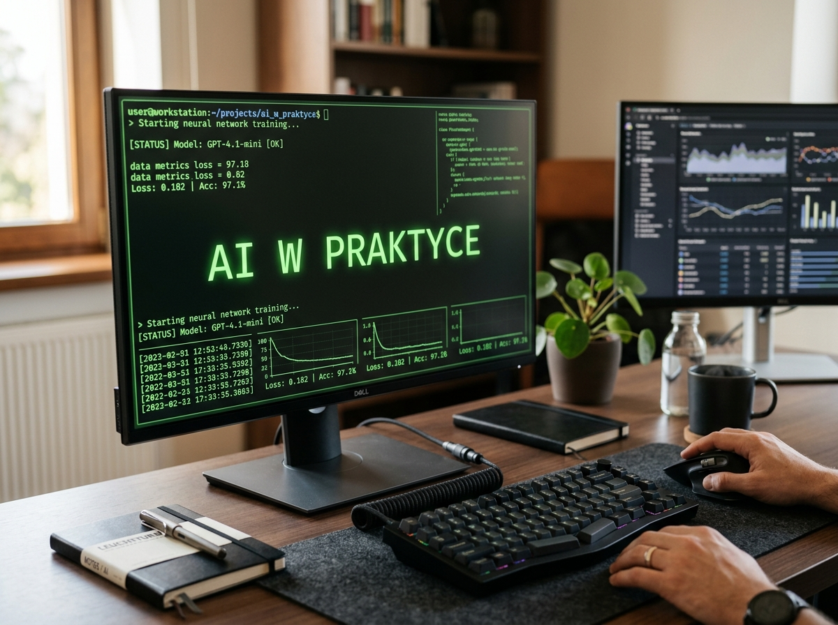 Profesjonalne biurko z monitorem wyświetlającym 'AI W PRAKTYCE', klawiaturą i myszką. Ukazuje praktyczne zastosowania chat gpt ai.