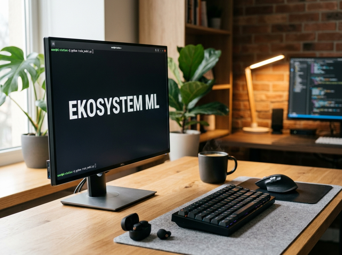 Profesjonalne biurko z monitorem wyświetlającym 'EKOSYSTEM ML', klawiaturą mechaniczną i akcesoriami do uczenia maszynowego.