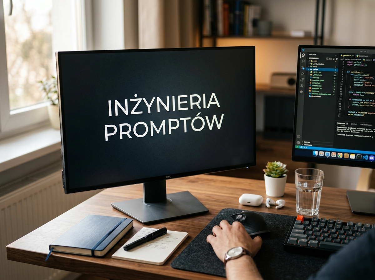 Profesjonalne biurko z monitorem wyświetlającym 'INŻYNIERIA PROMPTÓW' i klawiaturą. Obraz symbolizuje optymalne use ai.