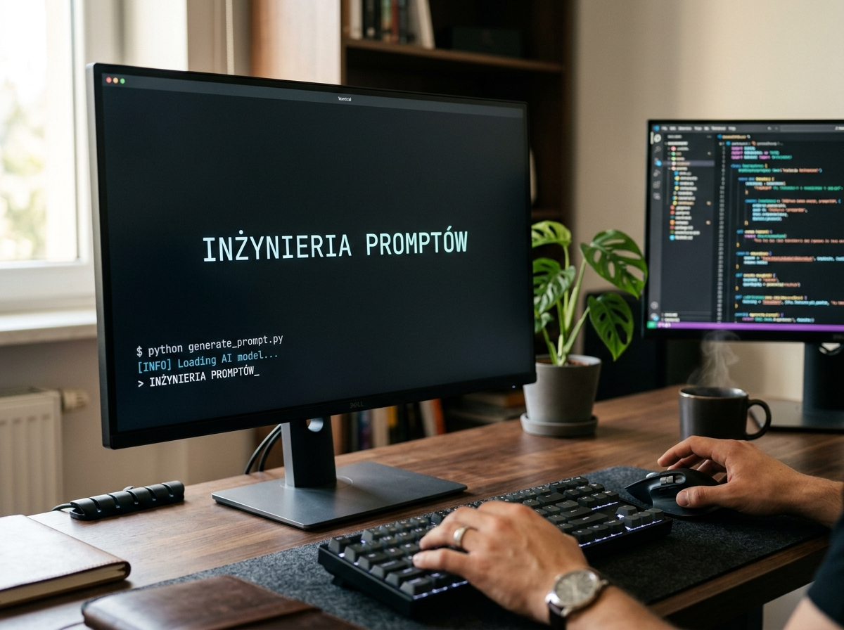 Profesjonalne ujęcie monitora wyświetlającego 'INŻYNIERIA PROMPTÓW', symbolizujące optymalizację komunikacji z modele ai.