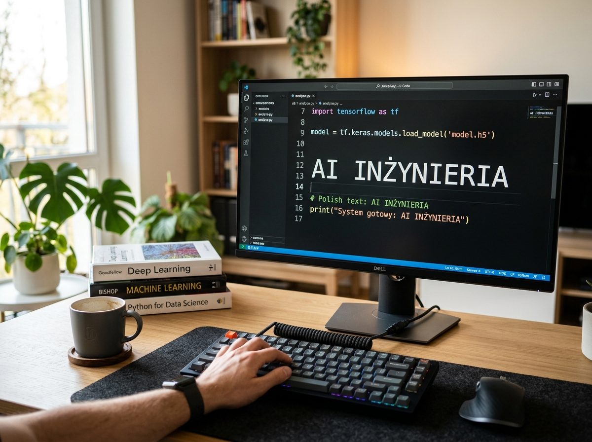 Profesjonalne zdjęcie biurka inżyniera AI, monitor z napisem 'AI INŻYNIERIA', klawiatura, sprzęt do sieci neuronowych.