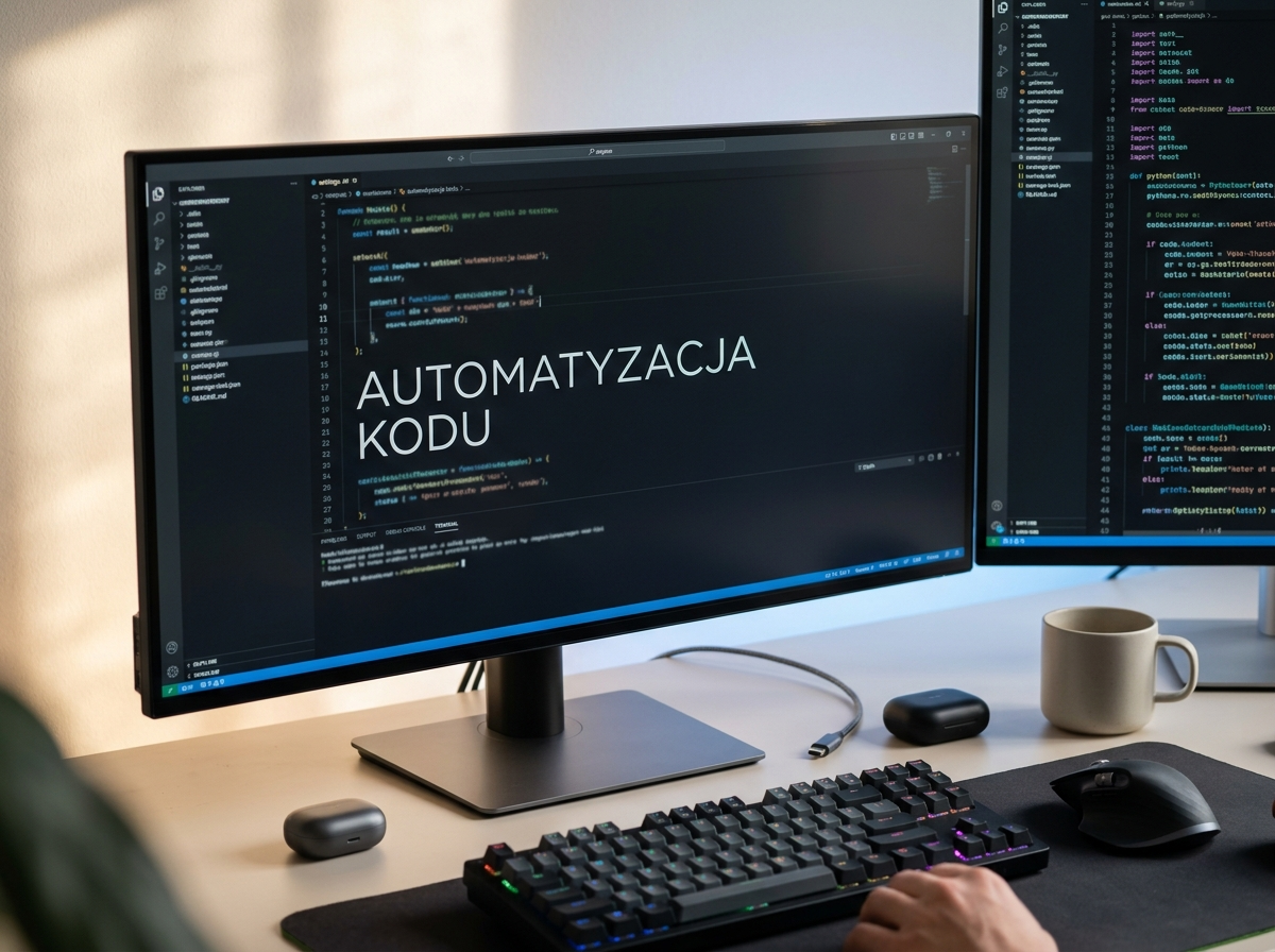 Profesjonalne zdjęcie biurka programisty z monitorem wyświetlającym 'AUTOMATYZACJA KODU', prezentujące nowoczesne narzędzia AI dla deweloperów.