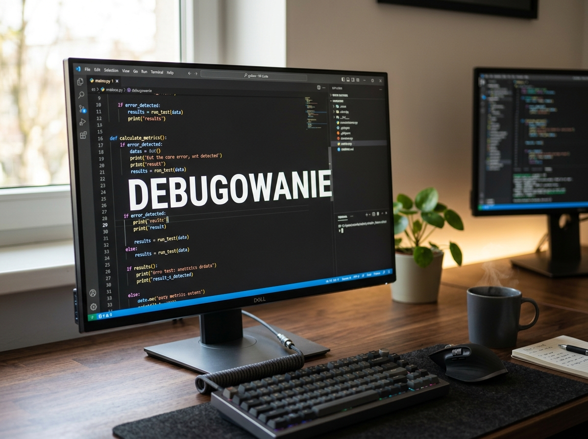 Profesjonalne zdjęcie biurka programisty z monitorem wyświetlającym 'DEBUGOWANIE'. Akcesoria podkreślają precyzję algorytmów informatycznych.