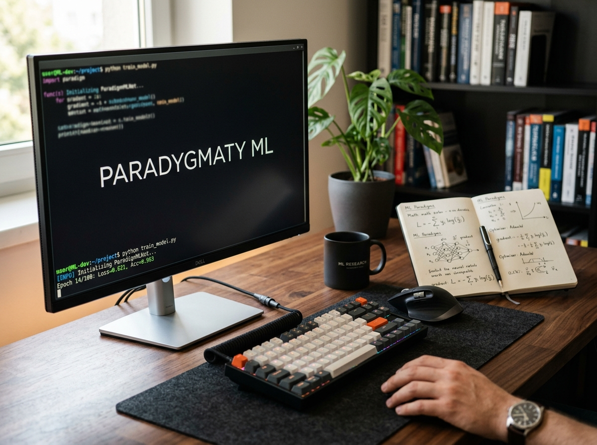Profesjonalne zdjęcie biurka programisty z monitorem wyświetlającym 'PARADYGMATY ML', ilustrujące główne typy uczenia maszynowego.