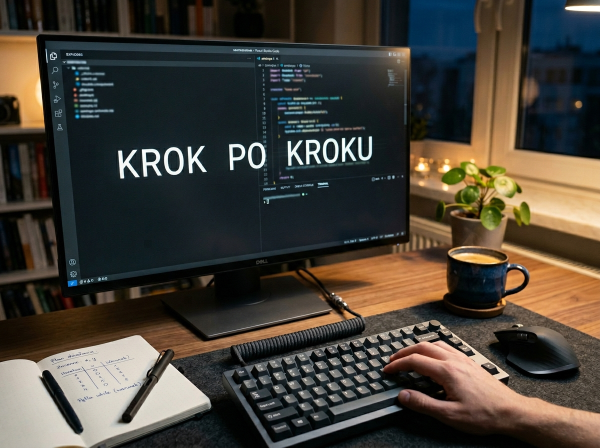 Profesjonalne zdjęcie biurka programisty z monitorem wyświetlającym tekst 'KROK PO KROKU', symbolizujące manualne śledzenie algorytmy informatyczne.